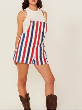 Show Me Your Mumu Striped Trude Romper Denim Short Overalls | Size Medium